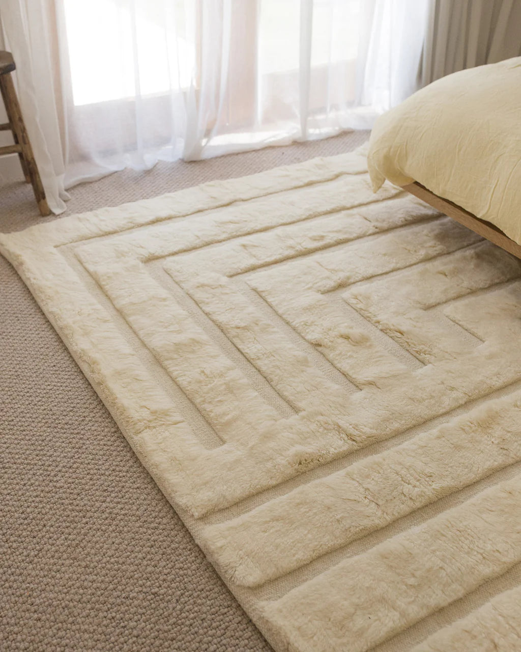 Aaravi Ivory and Beige High-Pile Modern Hand Knotted Wool Rug