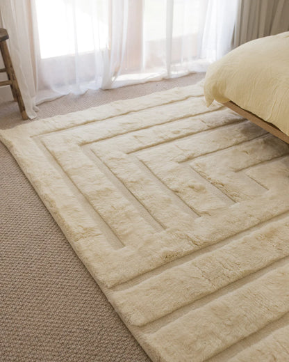 Aaravi Ivory and Beige High-Pile Modern Hand Knotted Wool Rug