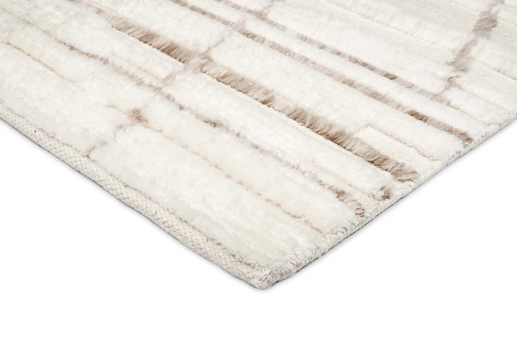 Nirvaan Ivory and Mustard Brown Hand Knotted Recycled Polyester Ultra Soft Low Pile Rug